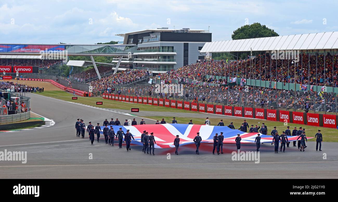 Introduzione al Gran Premio di Gran Bretagna F1, band e inno nazionale, circuito di Silverstone, Silverstone, Towcester, Northamptonshire, Inghilterra, UK, NN12 8T Foto Stock