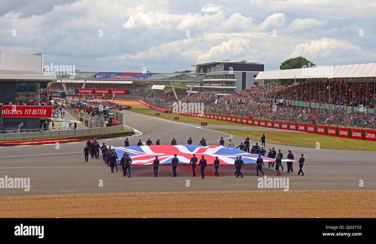 Introduzione al Gran Premio di Gran Bretagna F1, band e inno nazionale, circuito di Silverstone, Silverstone, Towcester, Northamptonshire, Inghilterra, UK, NN12 8T Foto Stock