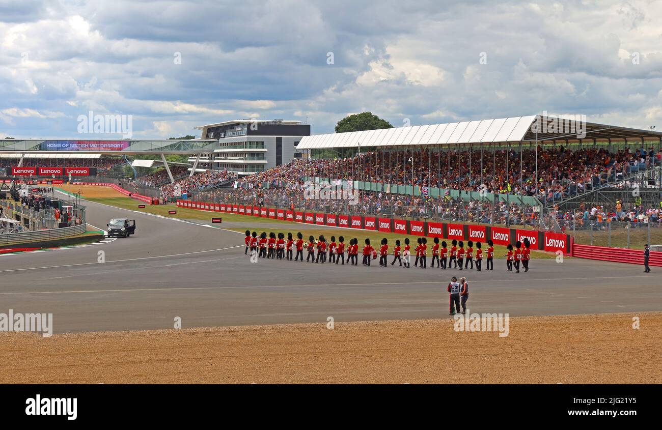 Introduzione al Gran Premio di Gran Bretagna F1, band e inno nazionale, circuito di Silverstone, Silverstone, Towcester, Northamptonshire, Inghilterra, UK, NN12 8T Foto Stock