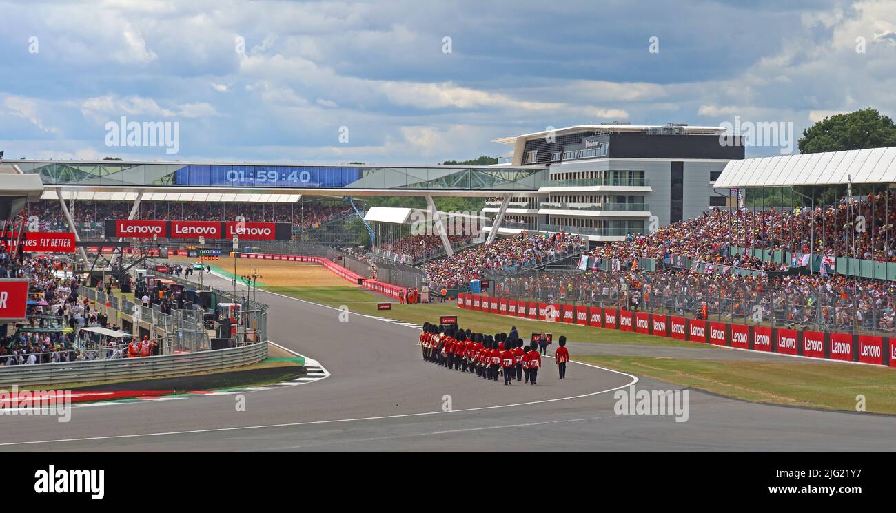 Introduzione al Gran Premio di Gran Bretagna F1, band e inno nazionale, circuito di Silverstone, Silverstone, Towcester, Northamptonshire, Inghilterra, UK, NN12 8T Foto Stock