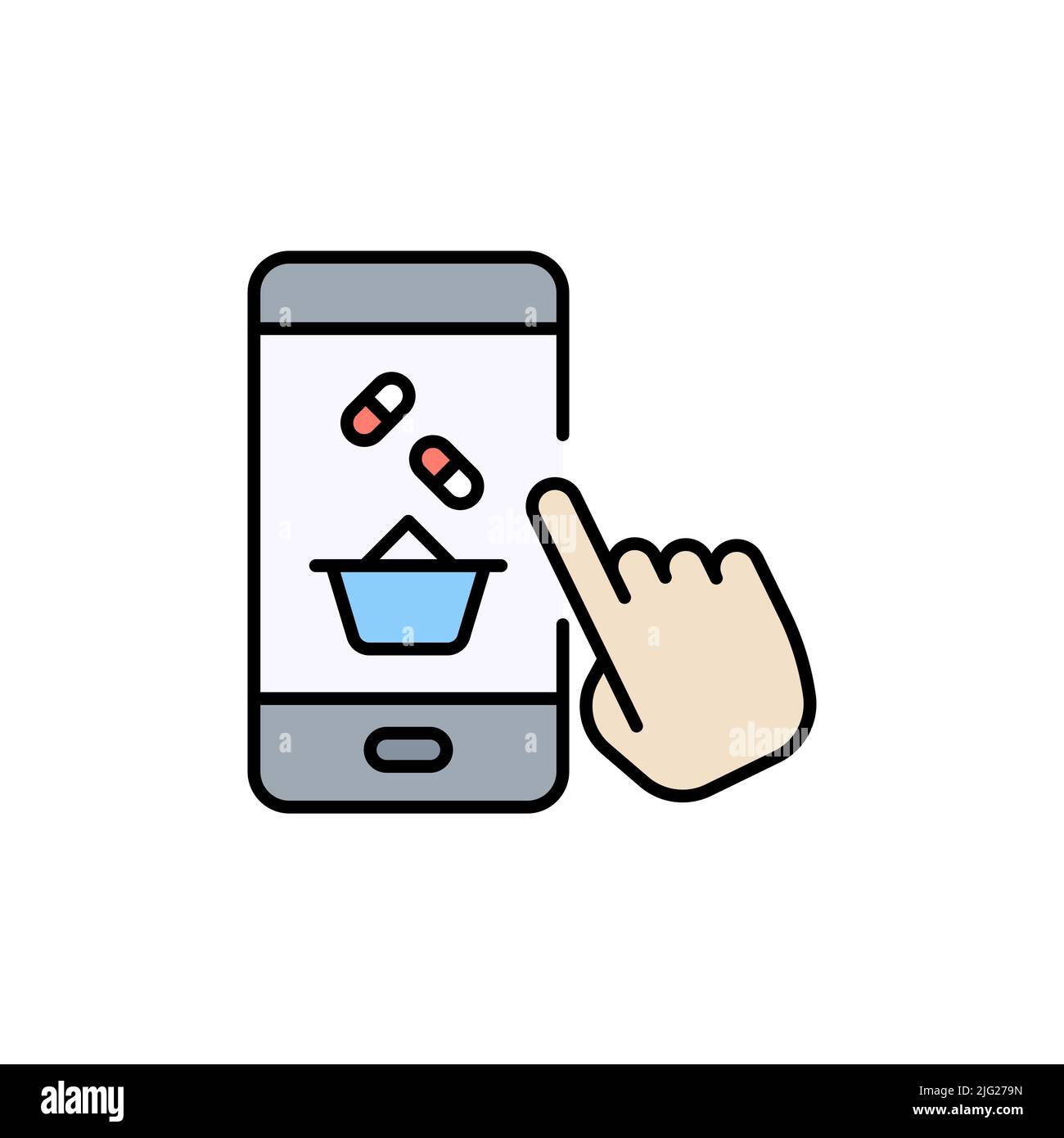Mobile drogheria riempito colore icona. Stile lineare segno per concetto mobile e web design. Shopping online medicina pieno colore vettore icona. Simbolo, basso Illustrazione Vettoriale