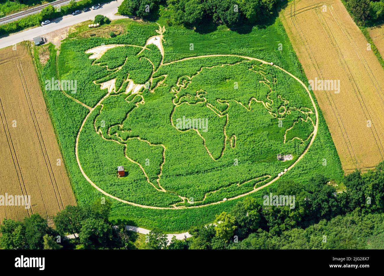 06 luglio 2022, Baviera, Utting am Ammersee: La vista aerea mostra un campo vegetale elaborato non lontano dal lago Ammersee in alta Baviera, in cui gli agricoltori Corinne e Uli Ernst e un team di 20 hanno incorporato un labirinto. Presenta una colomba di pace di Picasso sopra la mappa del mondo. La pittura sovradimensionata copre un'area di circa 18.000 metri quadrati ed è costituita da circa 350.000 piante, compresi girasoli, canapa, mais, muta selvatica, zucche e fagioli ornamentali. I semi sono già stati seminati in aprile. Tutti i sentieri insieme sono lunghi circa 3,1 km, e dal 1999 hanno formato il 24 Foto Stock