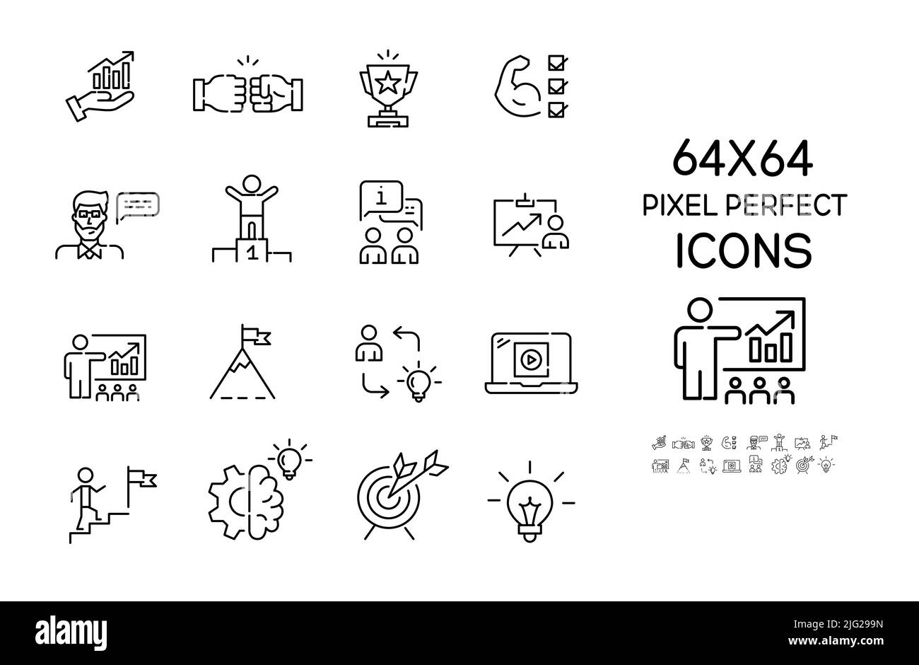 Set di icone di mentoring e strategie di successo 64x64. Pixel Perfect, tratto modificabile Illustrazione Vettoriale