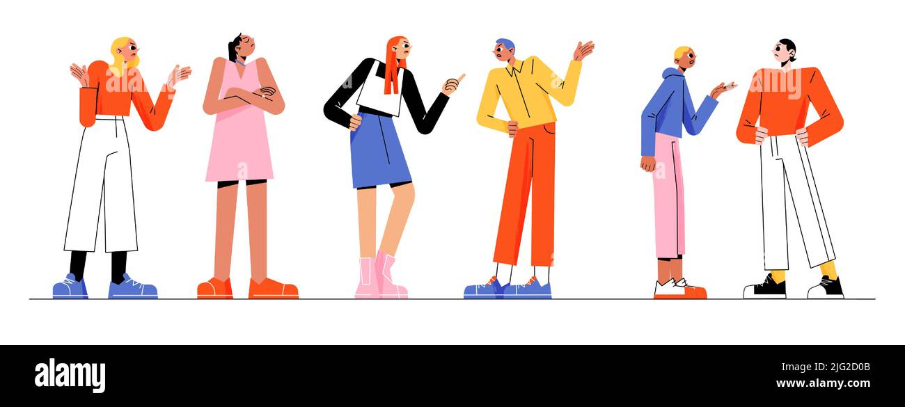 Gente arrabbiata discutere, litigare in coppia, amici conflitto. Illustrazione piatta vettoriale della disputa di uomini e donne. Concetto di cattivo rapporto con problemi e problemi Illustrazione Vettoriale