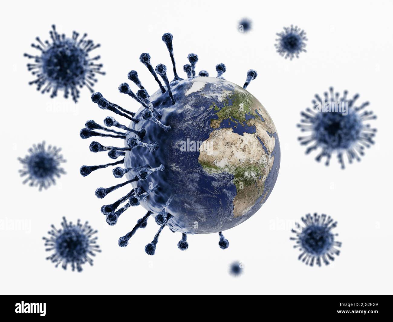 Virus con globo in una metà. Concetto di pandemia globale. 3D illustrazione. Foto Stock