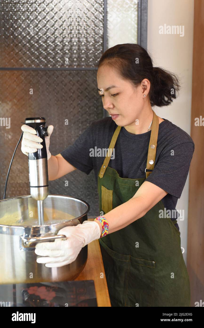 La giovane donna vietnamita stimola la base di gelato all'avocado Foto Stock
