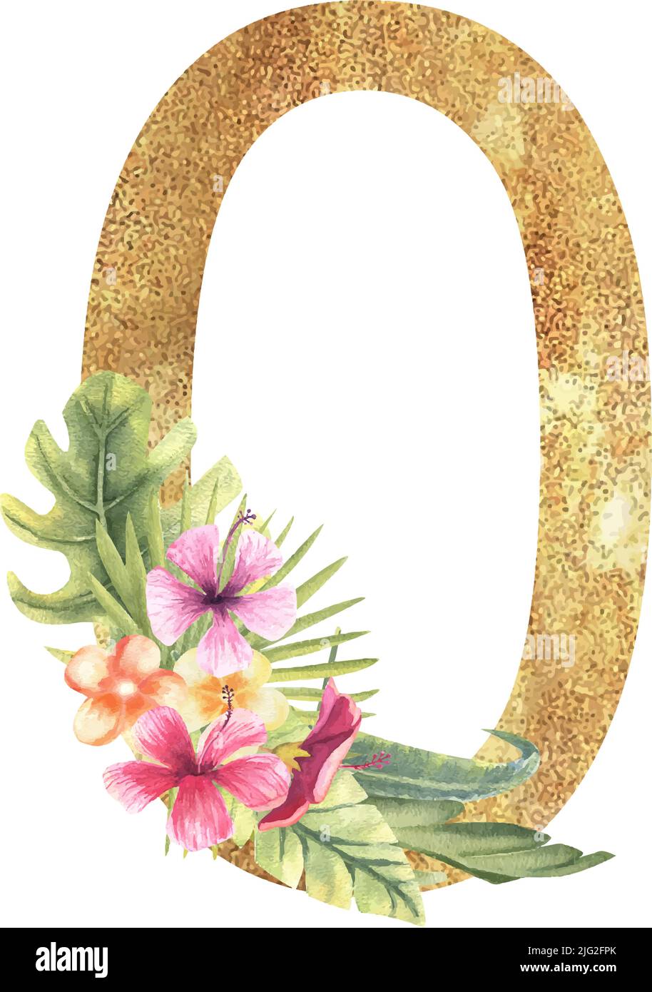 Golden numero 0 con un bouquet acquerello di foglie e fiori tropicali su sfondo bianco isolato. Illustrazione vettoriale disegnata a mano Illustrazione Vettoriale