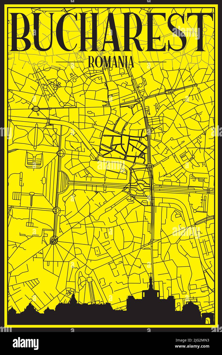 Stampa dorata poster della città con skyline panoramico e rete di strade disegnate a mano su sfondo giallo e nero del centro di BUCAREST, ROMANIA Illustrazione Vettoriale