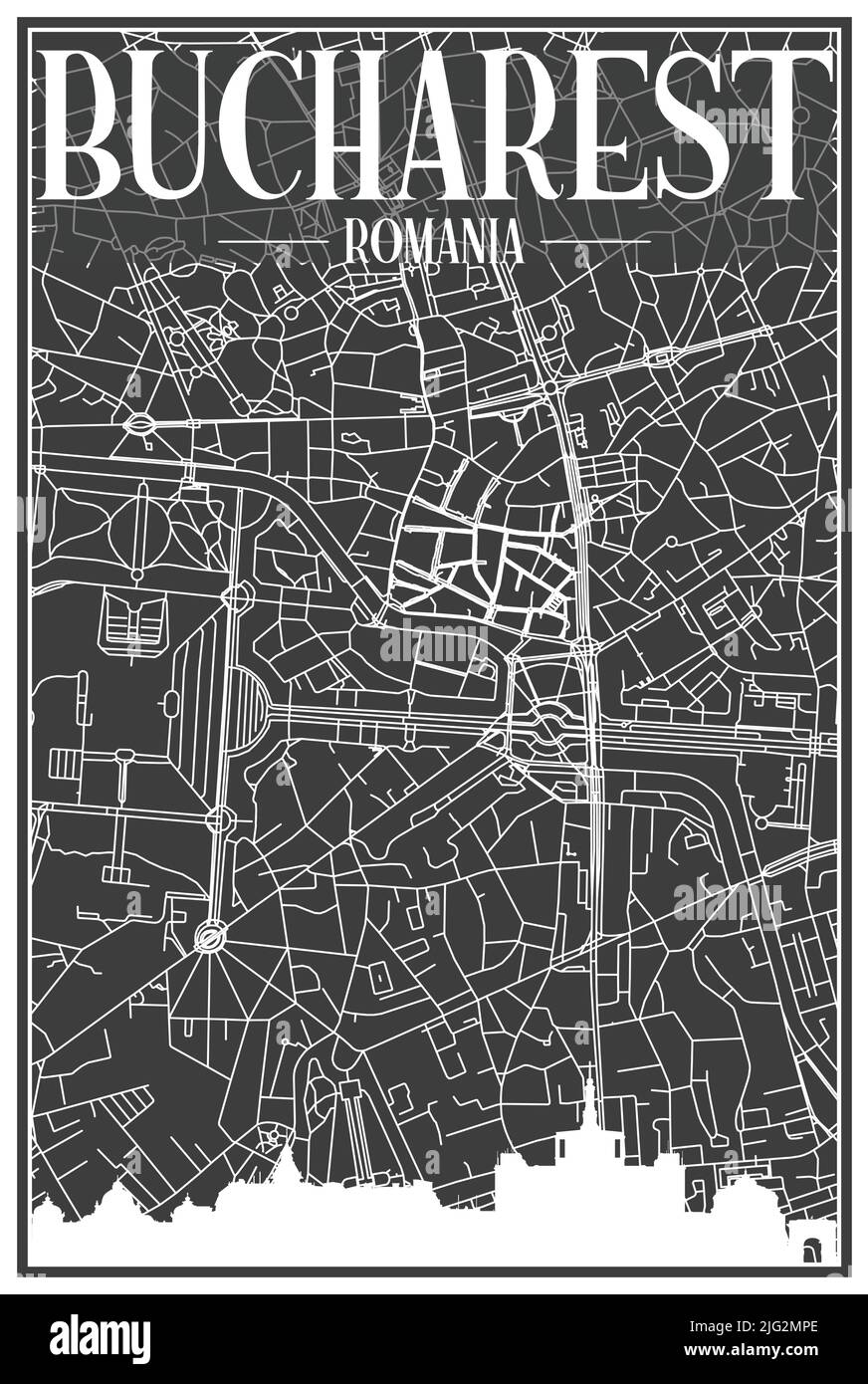Stampa scura poster della città con skyline panoramico e rete di strade disegnate a mano su sfondo grigio scuro del centro DI BUCAREST, ROMANIA Illustrazione Vettoriale