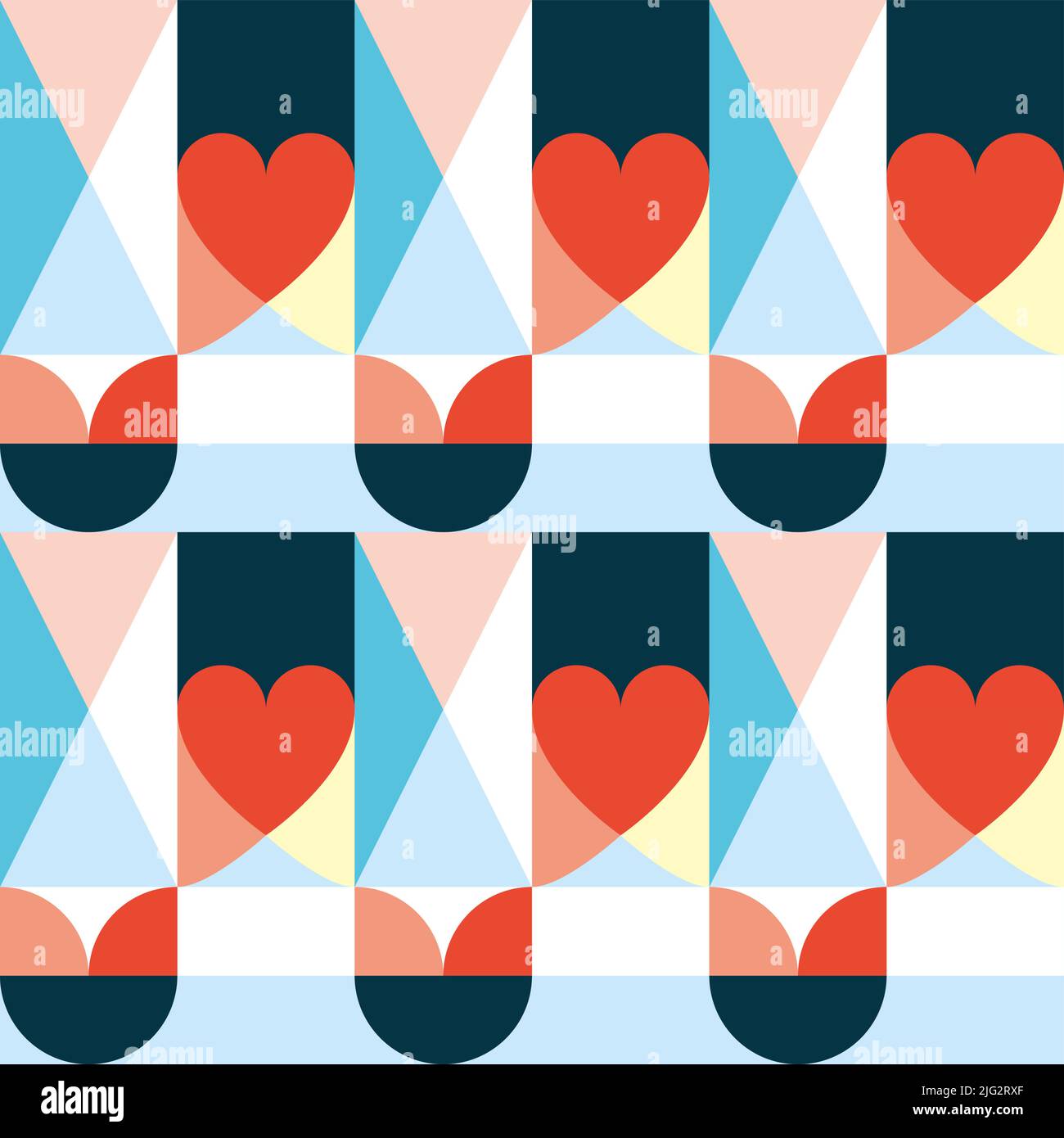 Moderno modello di maremoto vettoriale a metà secolo anni '60 e '70 con cuori e forme geometriche, carta da parati retrò o tessuto stampa sfondo Illustrazione Vettoriale