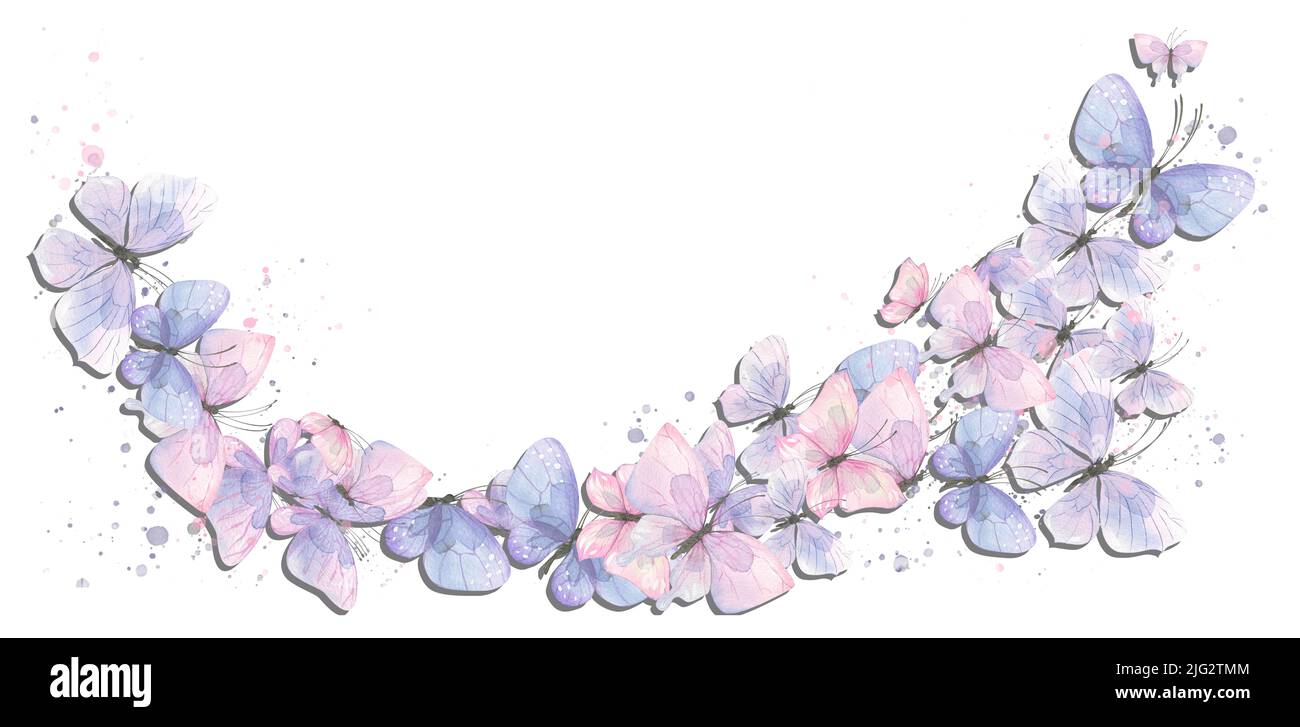 Delicate farfalle sono rosa, viola, blu, volare nel torrente. Illustrazione di acquerello con spruzzi di vernice. Per la progettazione e la decorazione di Foto Stock