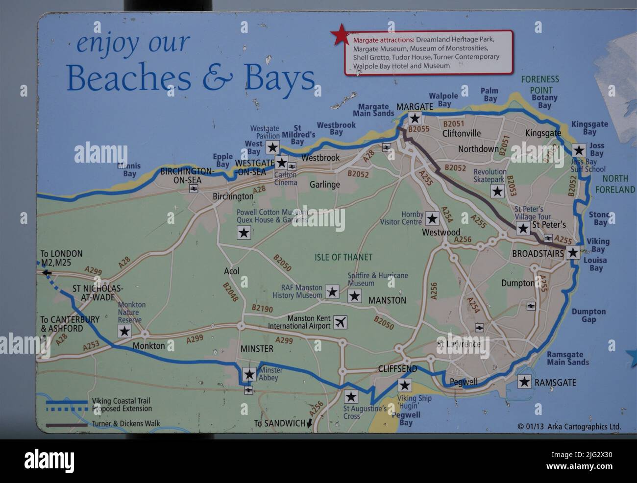 Mappa delle spiagge e delle baie intorno alla costa del Kent Foto Stock