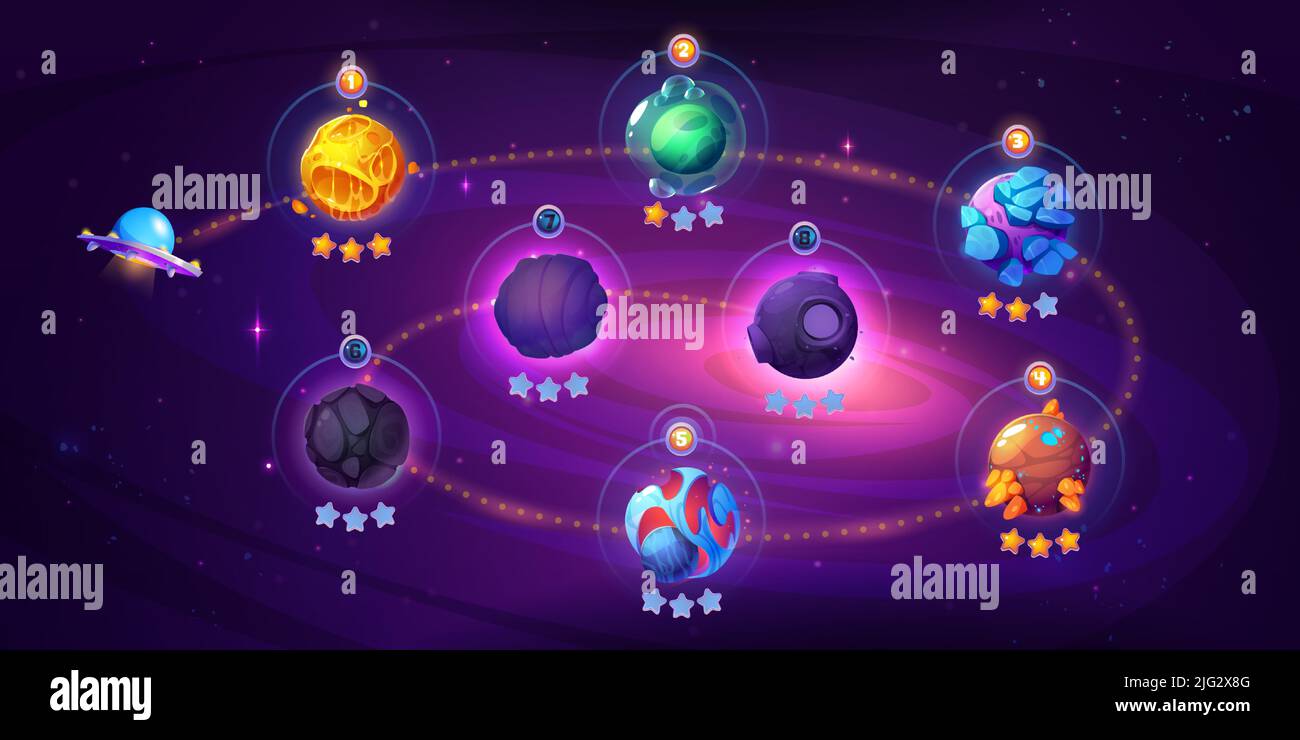 Mappa del livello del gioco spaziale con navicella spaziale e pianeti alieni. Cartoon 2D gui computer o arcade mobile con ufo viaggio piattino in cosmo e bonus stelle. COSMOS, viaggio futuristico universo, illustrazione vettoriale Illustrazione Vettoriale