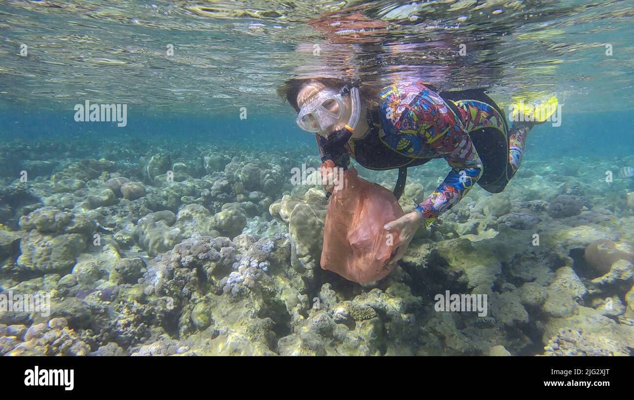 La donna in attrezzatura subacquea nuota e raccoglie i detriti di plastica sott'acqua sul fondo della barriera corallina. Lo snorkeler pulisce l'Oceano dall'inquinamento di plastica. P Foto Stock