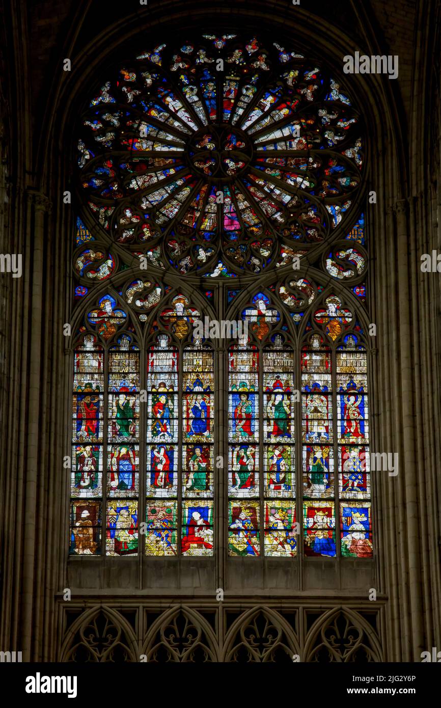 Vetrata colorata. La Cattedrale di le Mans è dedicata a San Giuliano di le Mans, il primo vescovo della città che ha stabilito il cristianesimo nella zona. Fra Foto Stock
