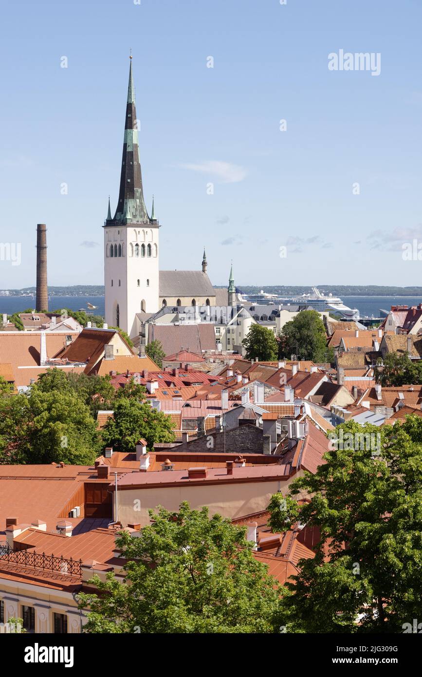 Skyline di Tallinn; vista della citta' vecchia di Tallinn che guarda attraverso il porto con la chiesa di St OLAF, in estate; Tallinn Estonia Europe. Viaggio a Tallinn. Foto Stock