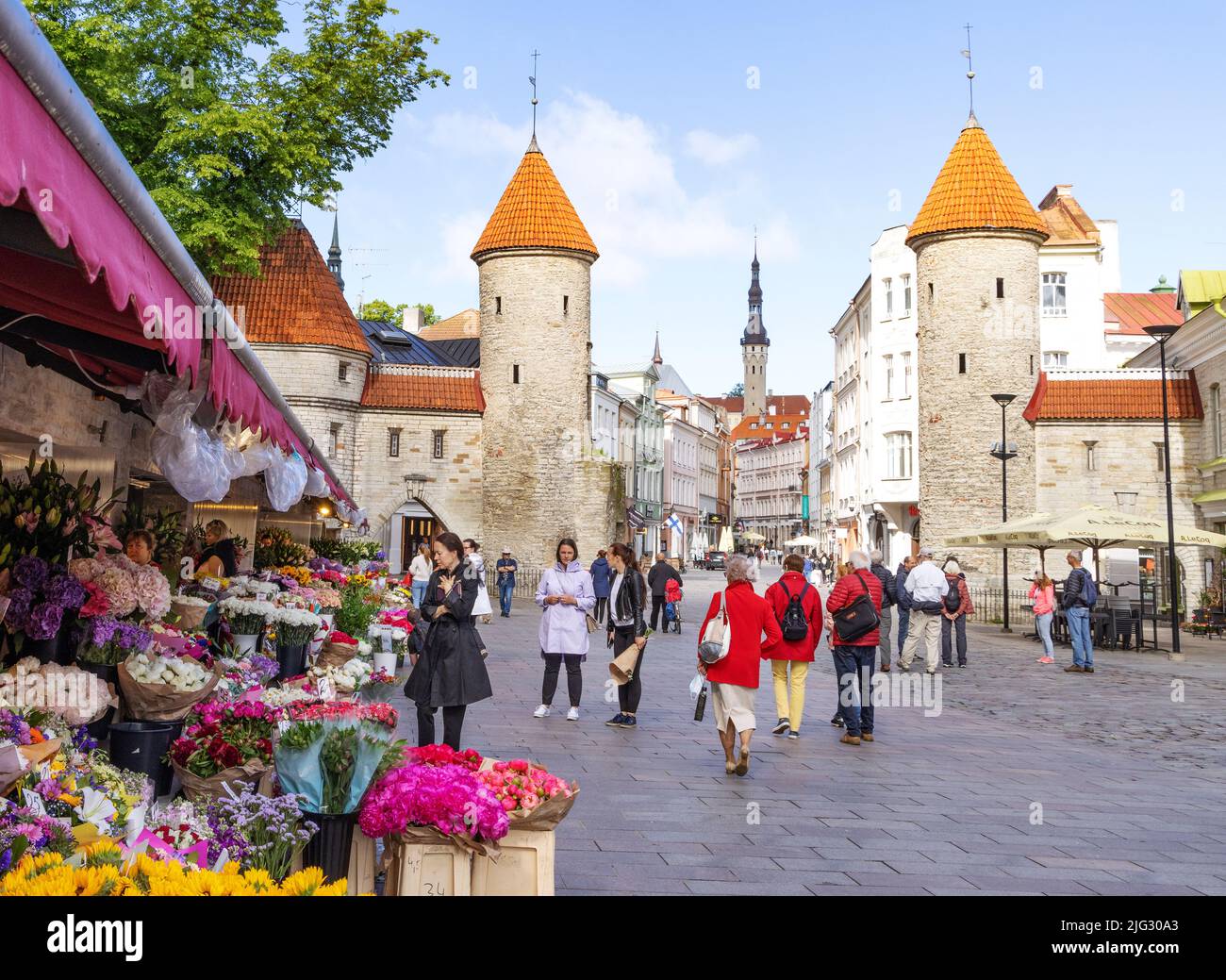 Viaggio in Estonia; Città Vecchia di Tallinn; la porta Viru, parte delle mura medievali della città del 14th secolo, e il mercato dei fiori, Tallinn Estonia Europe Foto Stock