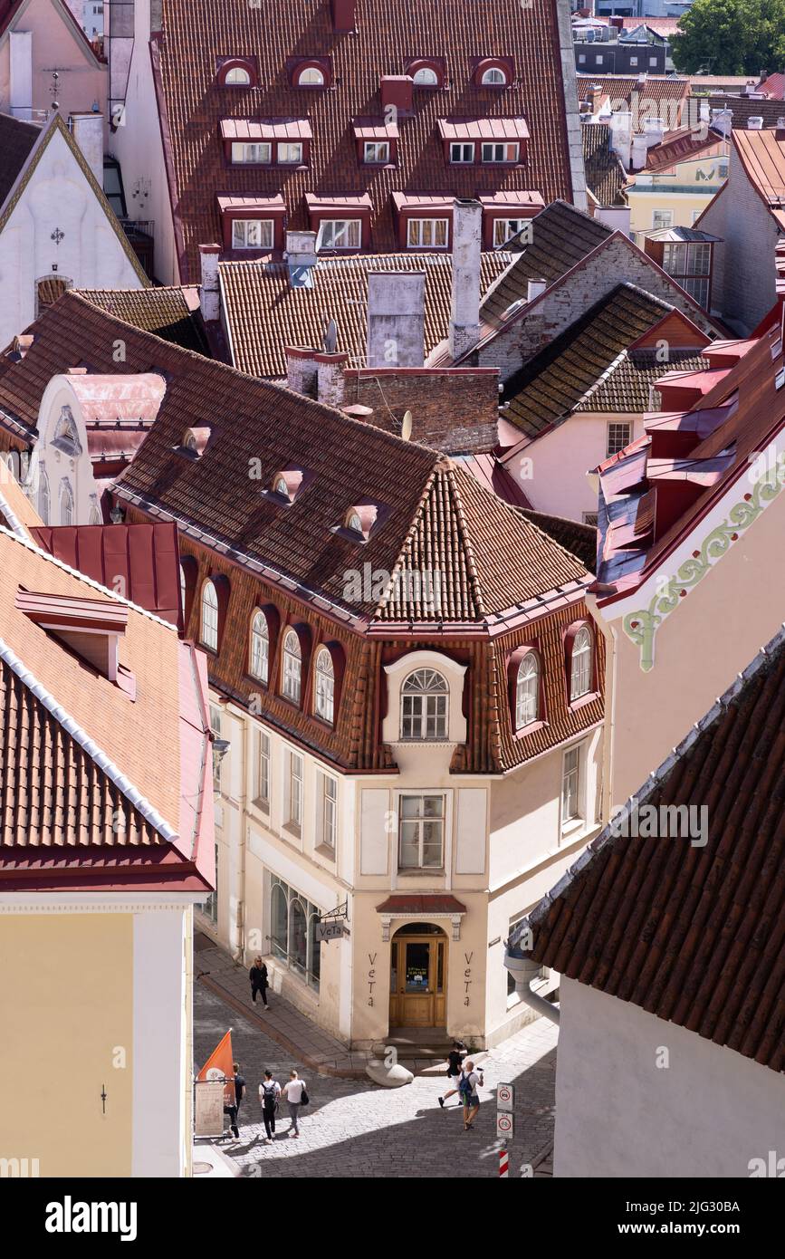 Tallinn Old Town - una vista della strada e degli edifici in una giornata di sole estate guardando dall'alto, sulla collina di Toompea, Tallinn Estonia Europa Foto Stock