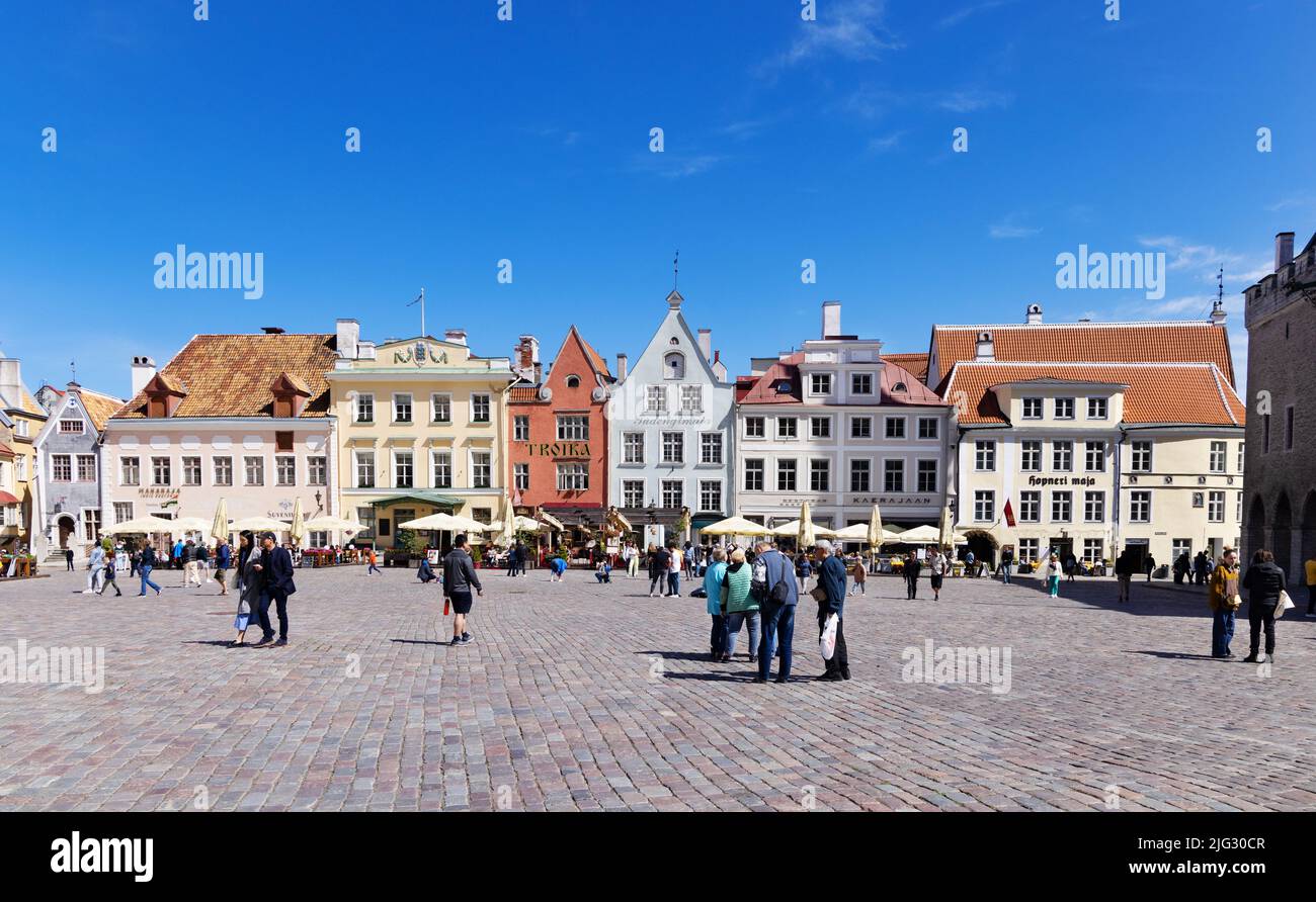 Tallinn turismo; edifici medievali Tallinn piazza della città vecchia, o Tallinn piazza del municipio in estate, Tallinn Estonia Europa Foto Stock