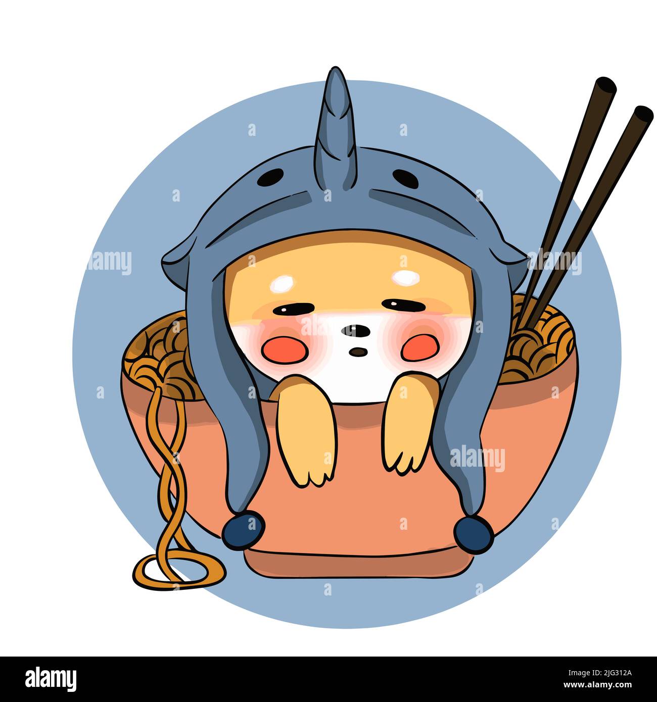 Shiba inu cane in un carino costume si siede in una ciotola di tagliatelle e sorrisi cinesi Illustrazione Vettoriale