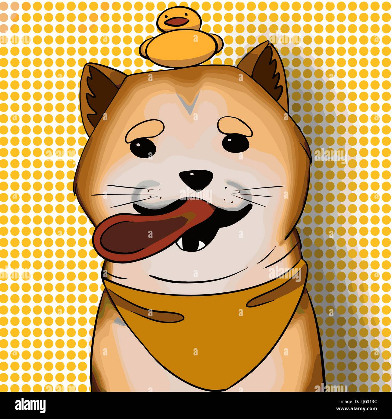 Shiba inu cane seduto nella vasca da bagno con un'anatra giocattolo sulla testa Illustrazione Vettoriale