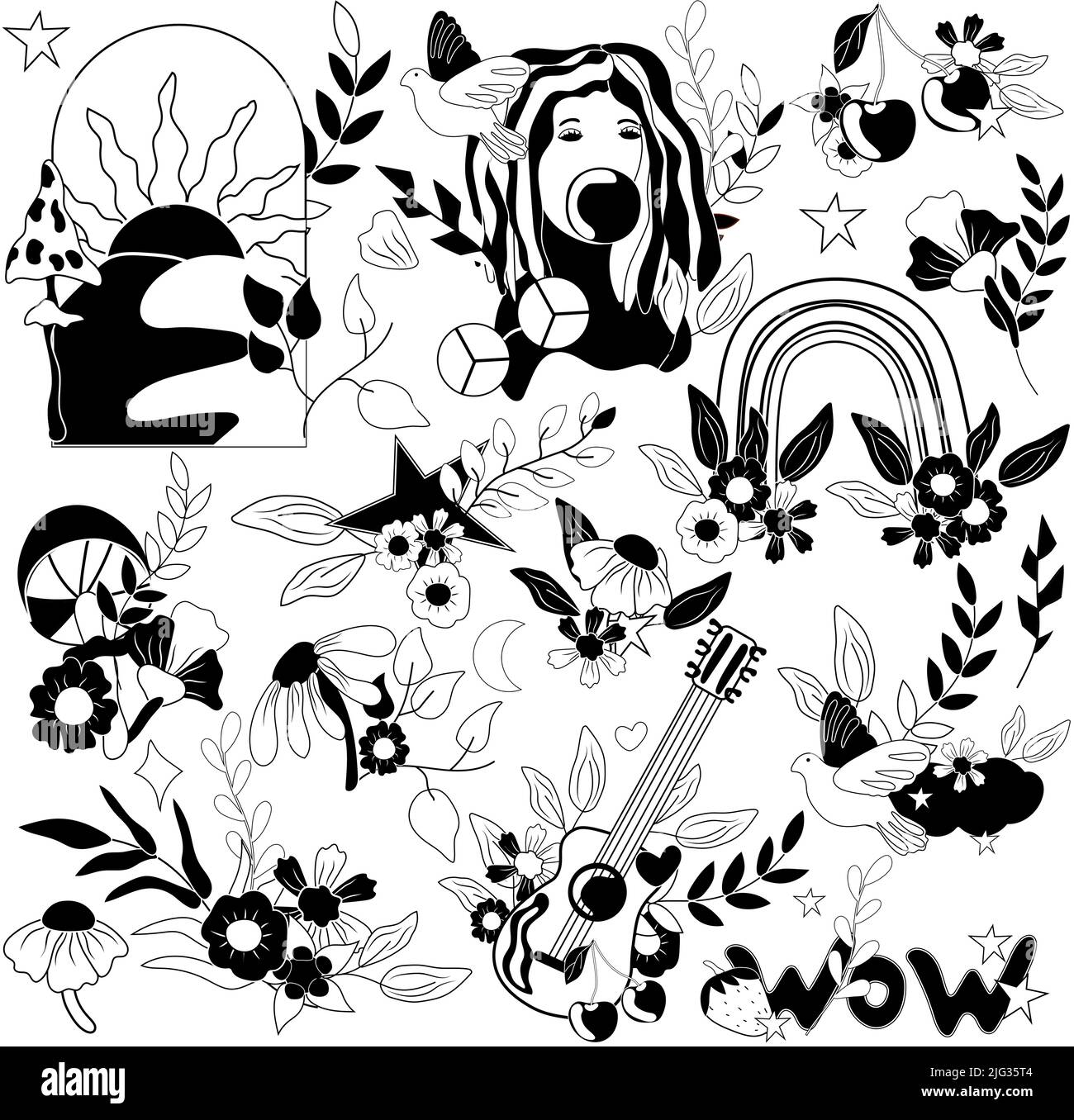 70s elemento nero e bianco, retro girl, sole, fiori, foglie, funghi, uccelli, arcobaleni e scritte. Composizioni carine in stile hippy vintage. Illustrazione vettoriale. Illustrazione Vettoriale