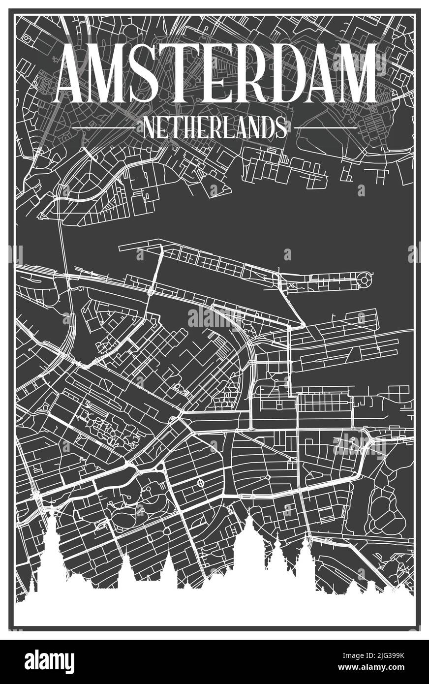 Stampa scura di poster città con skyline panoramico e rete di strade disegnate a mano su sfondo grigio scuro del centro DI AMSTERDAM, PAESI BASSI Illustrazione Vettoriale