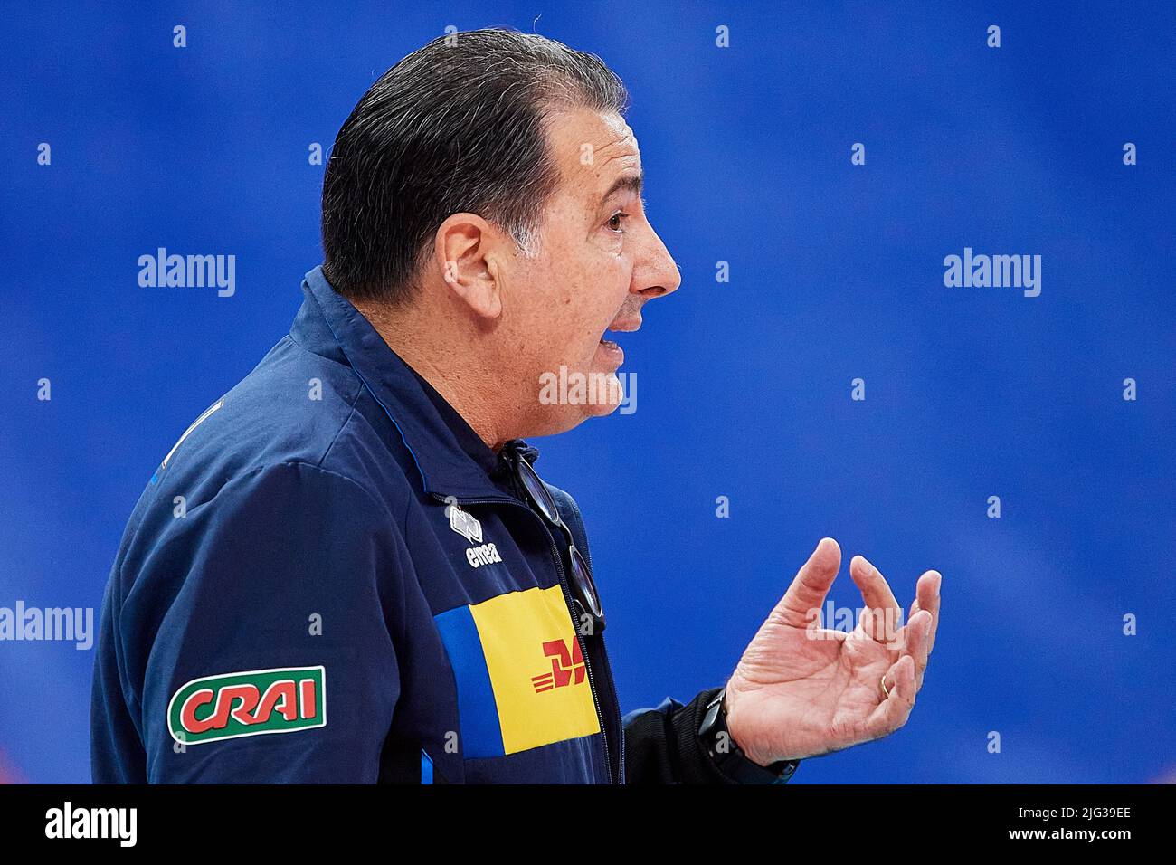 Allenatore della nazionale italiana Ferdinando De Giorgi in azione durante la partita maschile FIVB Volleyball Nations League 2022 tra Bulgaria e Italia a Gdansk, Polonia, 05 luglio 2022. Foto Stock