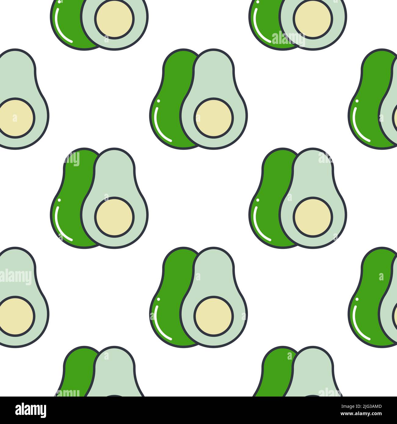 Vettore di pattern senza giunture avocado. Fondo con frutti di avocado interi e mezzo. Stampa alimentare per imballaggio e design. Bacche verdi su sfondo bianco Illustrazione Vettoriale