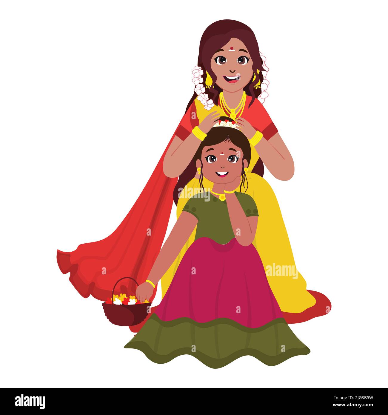 Allegra Donna indiana del sud che mette Gajra in suoi capelli della figlia su sfondo bianco. Illustrazione Vettoriale