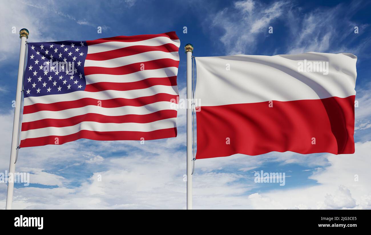 Bandiere americane e polacche sul cielo blu. Concetto di diplomazia, accordo, relazioni internazionali, commercio, affari tra USA e Polonia. 3D rendering Foto Stock