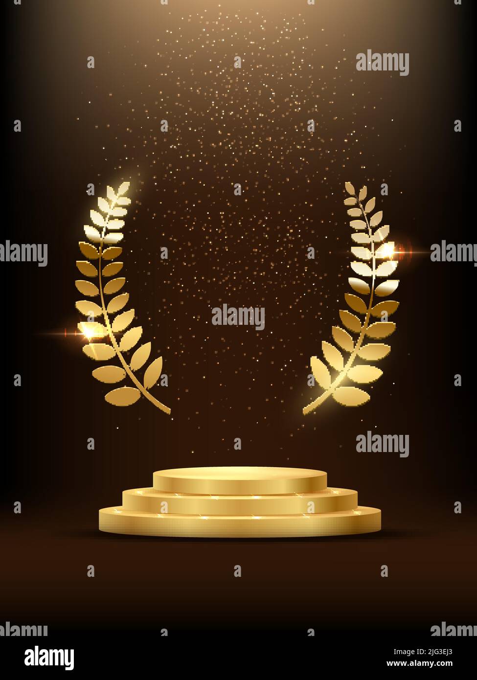 Podio d'oro con alloro incandescente. Palco in oro con glitter e nebbia chiara su sfondo scuro. La fama di Hollywood nel cinema e nel cinema o nel campionato in spor Illustrazione Vettoriale