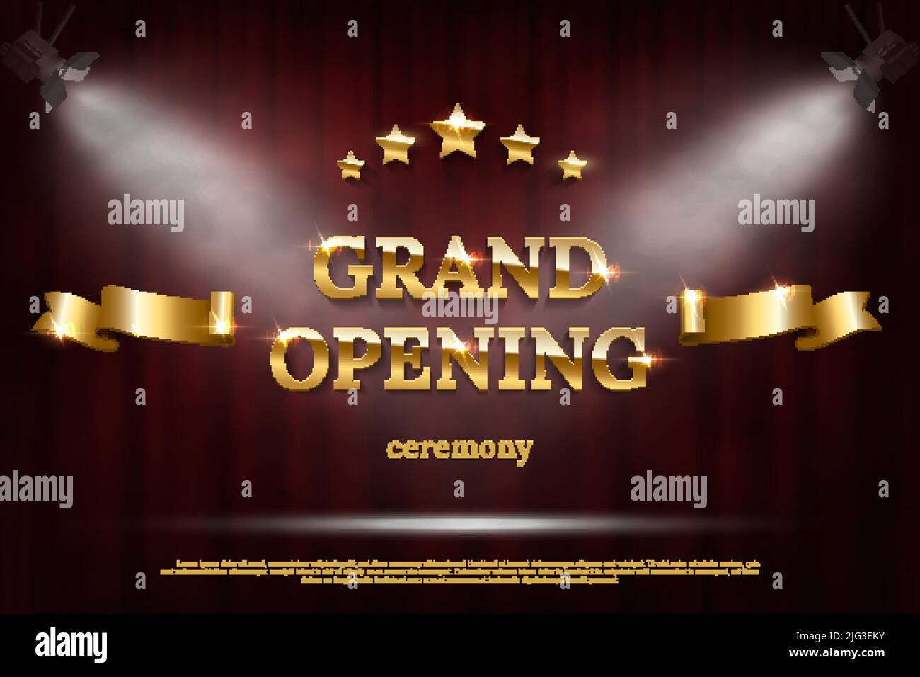 Grande apertura sul palco in primo piano con sfondo a tenda rossa. Inizio della cerimonia, evento di celebrazione, annuncio di illustrazione vettoriale. Scena teatrale Illustrazione Vettoriale