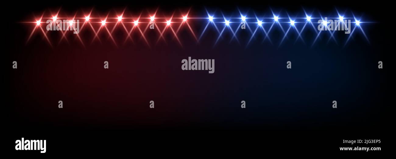 Luci rosse e blu dei proiettori su sfondo nero. Riflettore con effetto fascio sull'illustrazione vettoriale dello stadio. Astratta luce da discoteca luminosa in parte Illustrazione Vettoriale