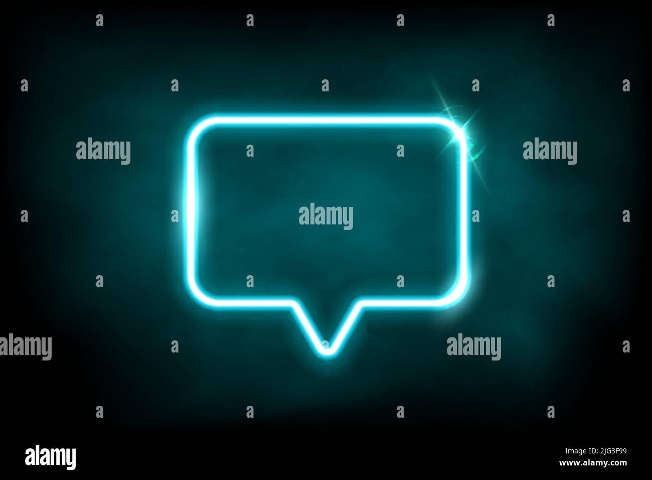 Simbolo di bolla di discorso al neon azzurro incandescente. Cornice rettangolare di luce elettrica isolata su sfondo scuro con nebbia. Elemento di disegno vettoriale Illustrazione Vettoriale