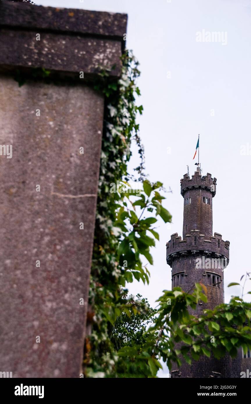 Torretta neogotica delle rovine del castello di Charleville a Tullamore, Irlanda. Foto Stock