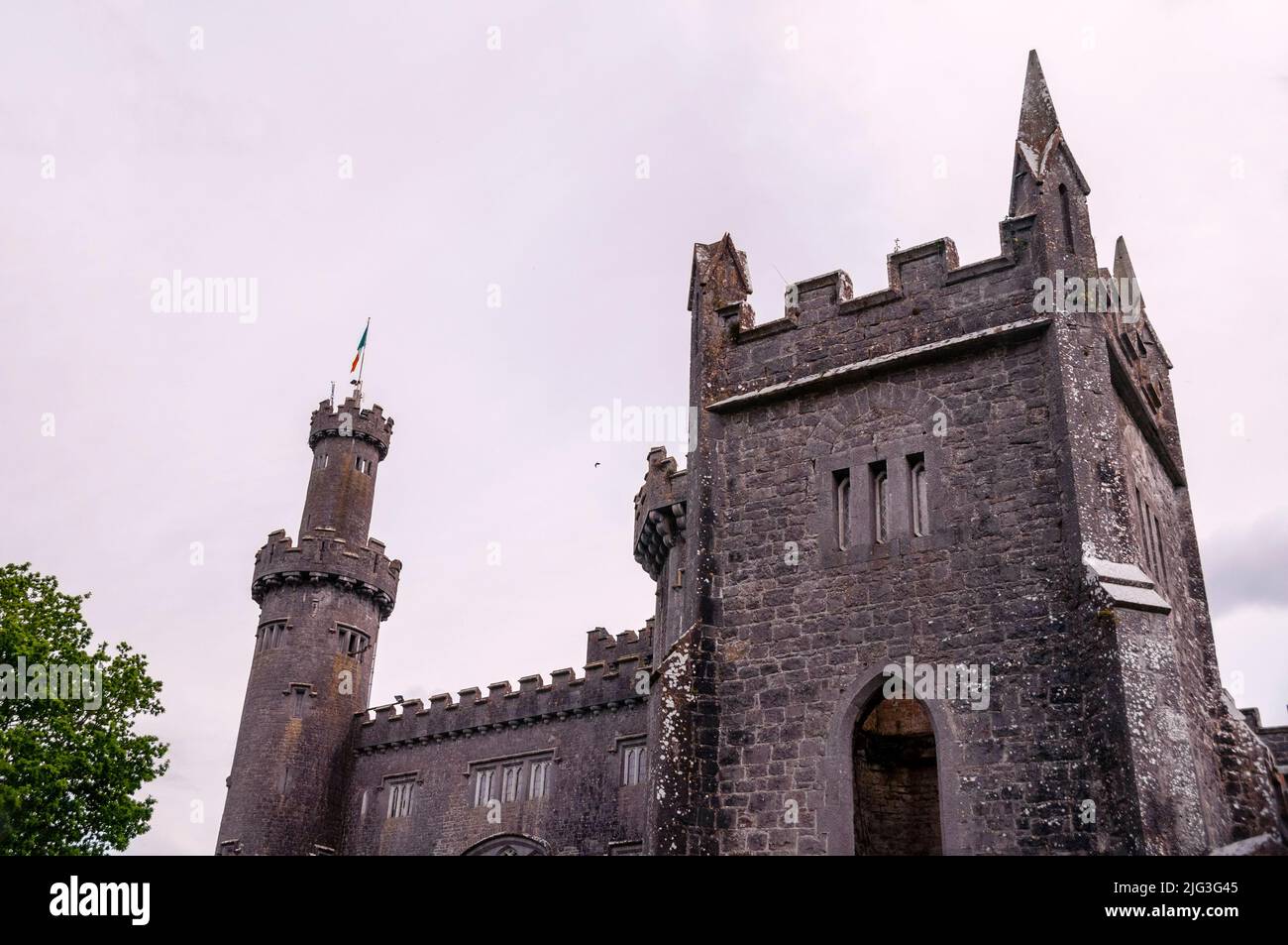 Torrette e torri del revival gotico rovine del castello di Charleville a Tullamore, Irlanda. Foto Stock