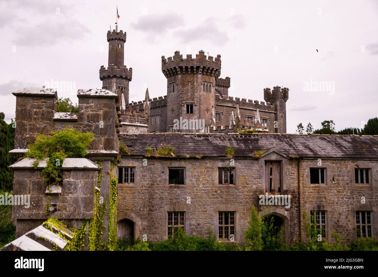 Torrette e torri del revival gotico rovine del castello di Charleville a Tullamore, Irlanda. Foto Stock