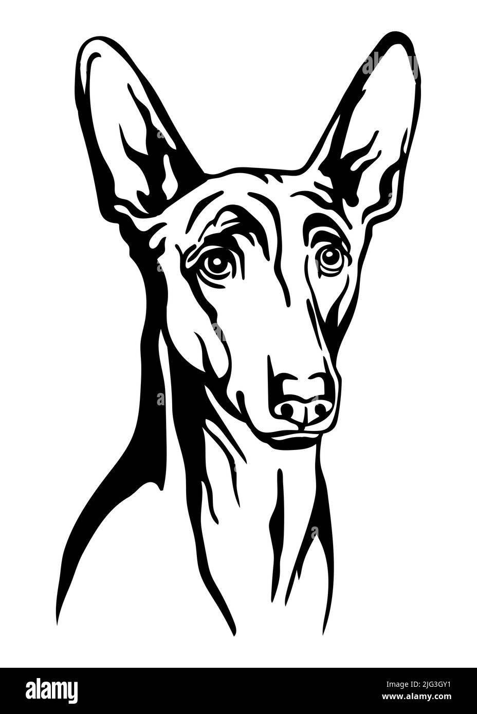 Pharaon cane nero contorno ritratto. Testa cilindrica nella vista frontale illustrazione vettoriale isolata su bianco. Per arredamento, design, stampa, poster, cartoline, adesivo, Illustrazione Vettoriale