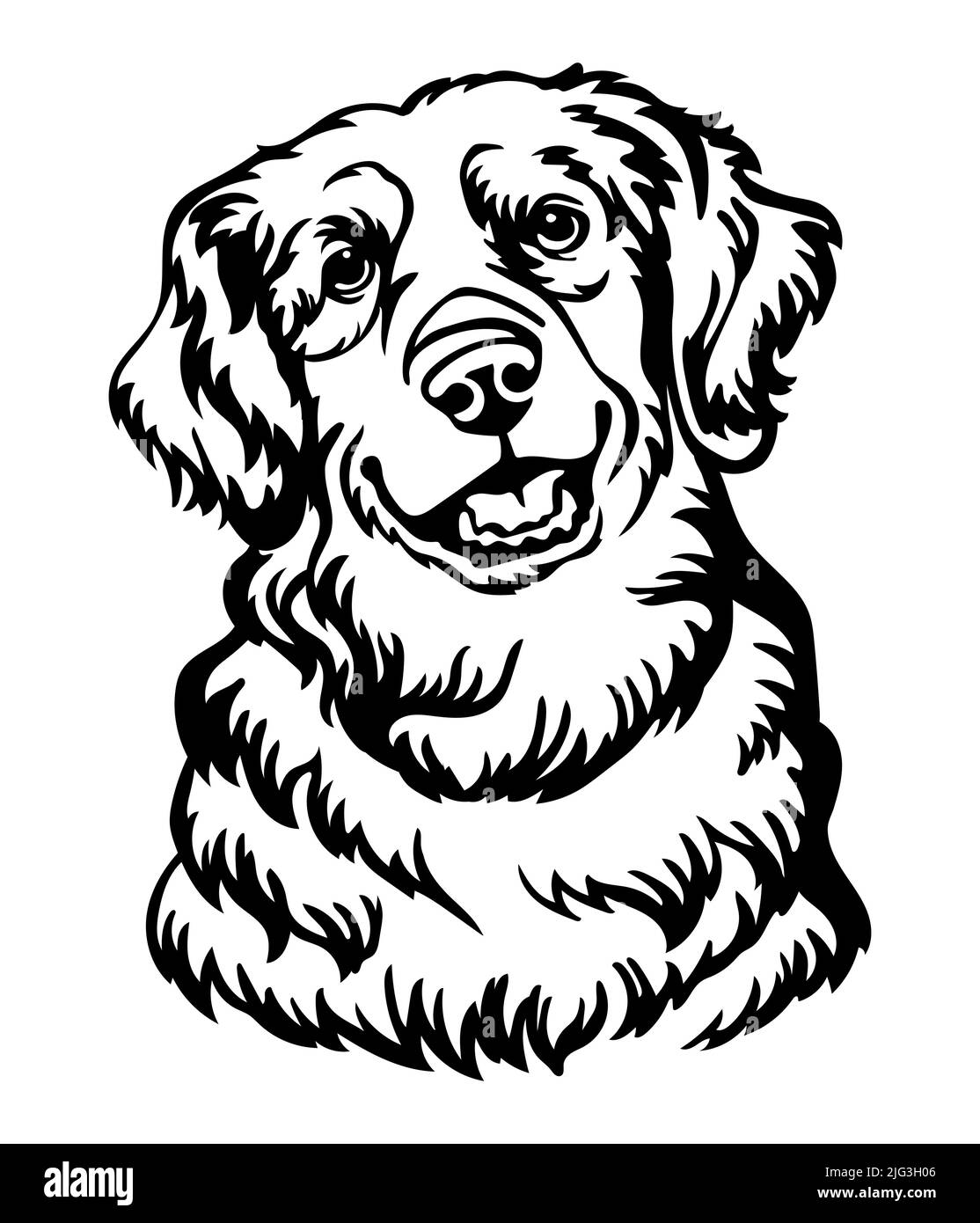 Golden Retriever cane nero contorno ritratto. Testa cilindrica nella vista frontale illustrazione vettoriale isolata su bianco. Per arredamento, design, stampa, poster, cartoline, Illustrazione Vettoriale