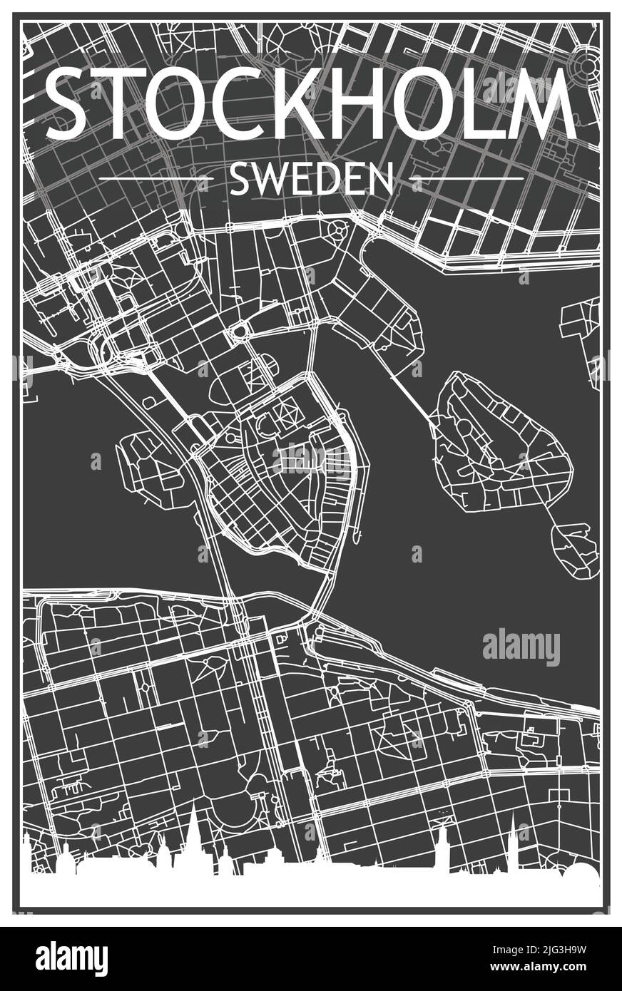 Stampa scura poster della città con skyline panoramico e rete di strade disegnate a mano su sfondo grigio scuro del centro di STOCCOLMA, SVEZIA Illustrazione Vettoriale