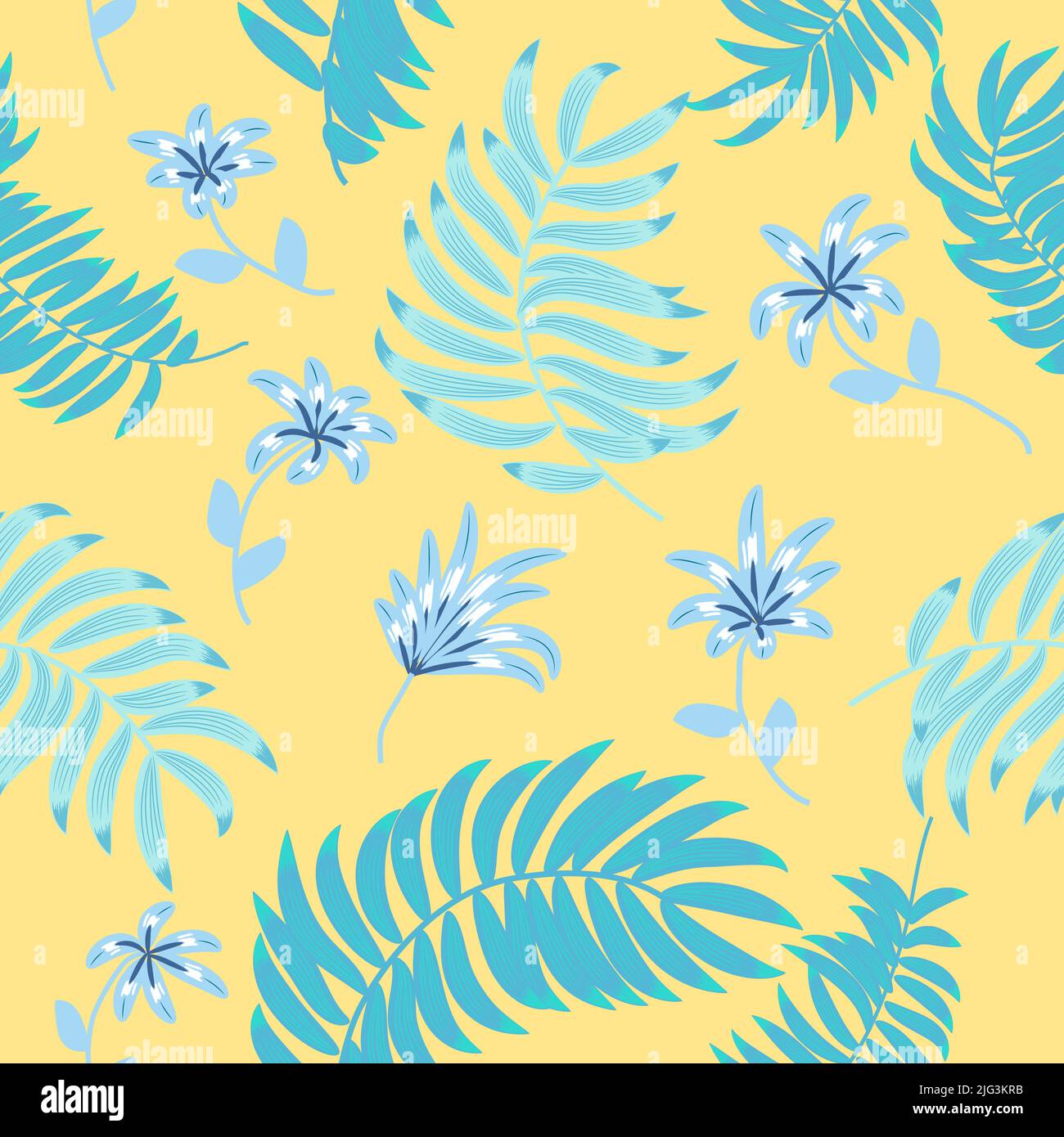 Motivo senza cuciture con foglie e fiori decorativi blu. Sfondo vettoriale tropicale, carta da parati giungla. Illustrazione Vettoriale