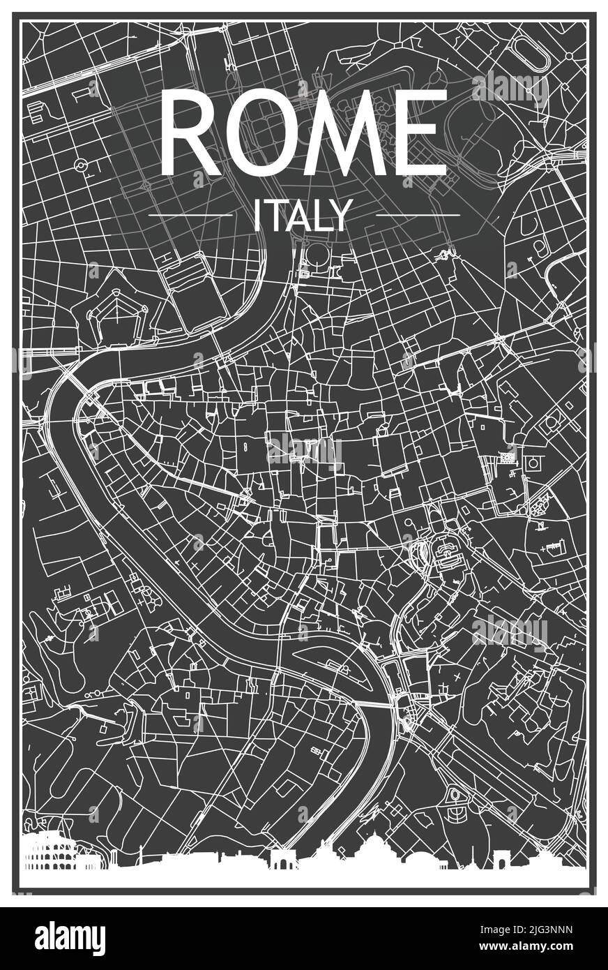 Stampa scura poster della città con skyline panoramico e rete di strade disegnate a mano su sfondo grigio scuro del centro DI ROMA, ITALIA Illustrazione Vettoriale