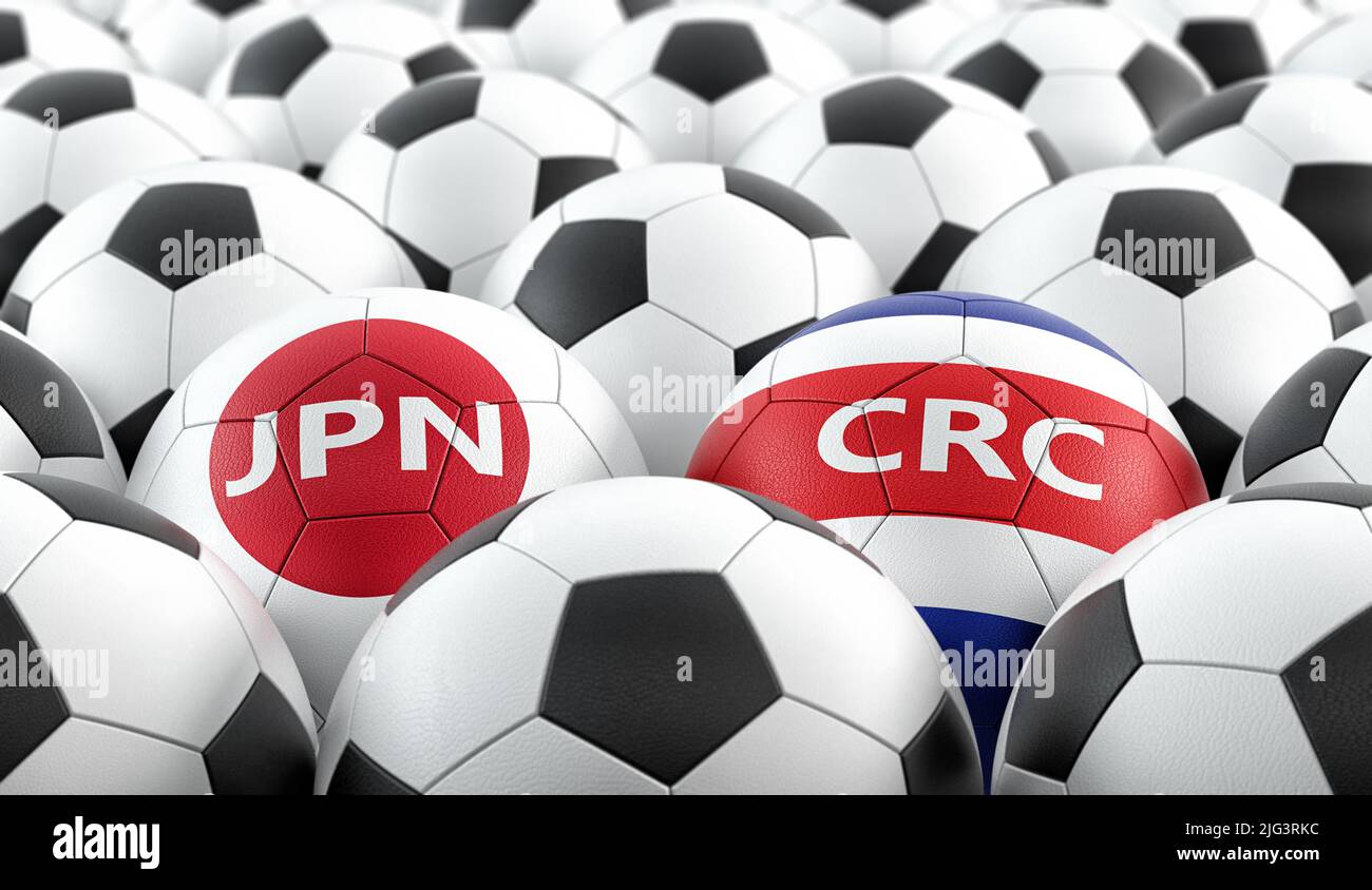 Costa Rica vs Giappone Soccer Match - sfere in pelle in Costa Rica e Giappone colori nazionali. 3D rendering Foto Stock