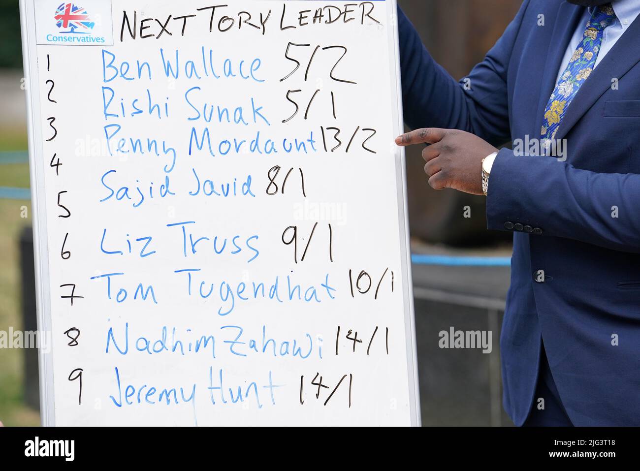 Una società di bookmaker che mostra le ultime probabilità per il prossimo leader del partito conservatore su College Green al di fuori delle Houses of Parlliament, Londra, in seguito alle dimissioni Boris Johnson. Data foto: Giovedì 7 luglio 2022. Foto Stock