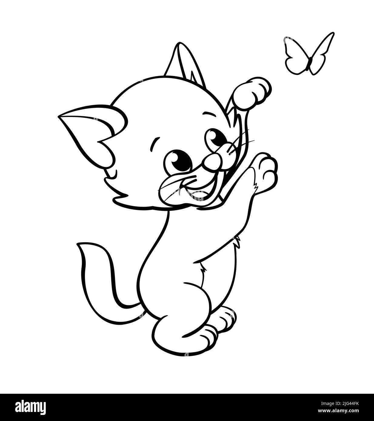 carino gattino cartoon gatto in piedi su zampe posteriori giocando con profilo farfalla per la colorazione in activity book vettore isolato su sfondo bianco Illustrazione Vettoriale