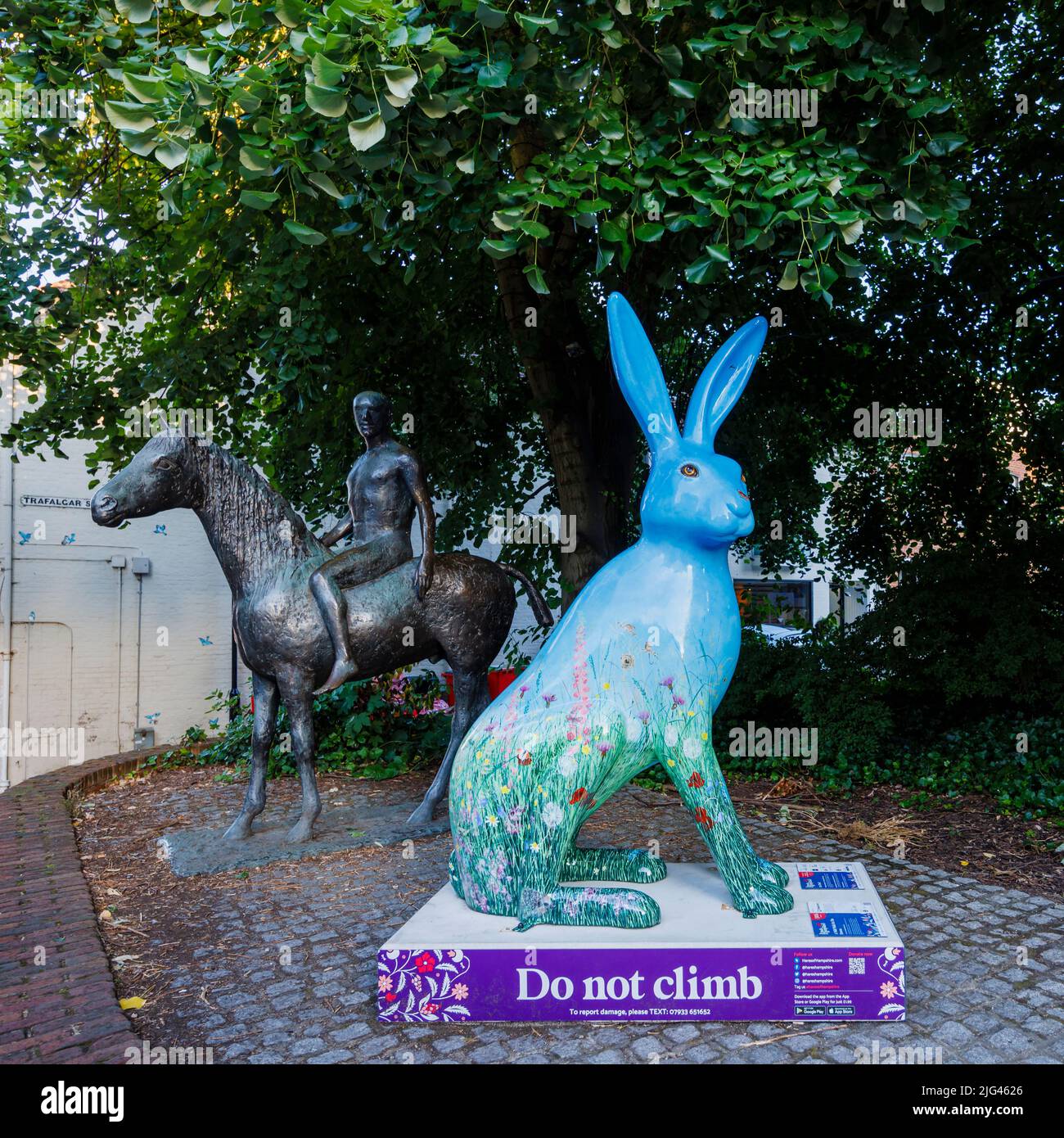 "A Wild Walk on the Downs", una scultura di Rachael Alexander nell'evento estivo Hares of Hampshire, percorso d'arte pubblica in High Street, Winchester Foto Stock