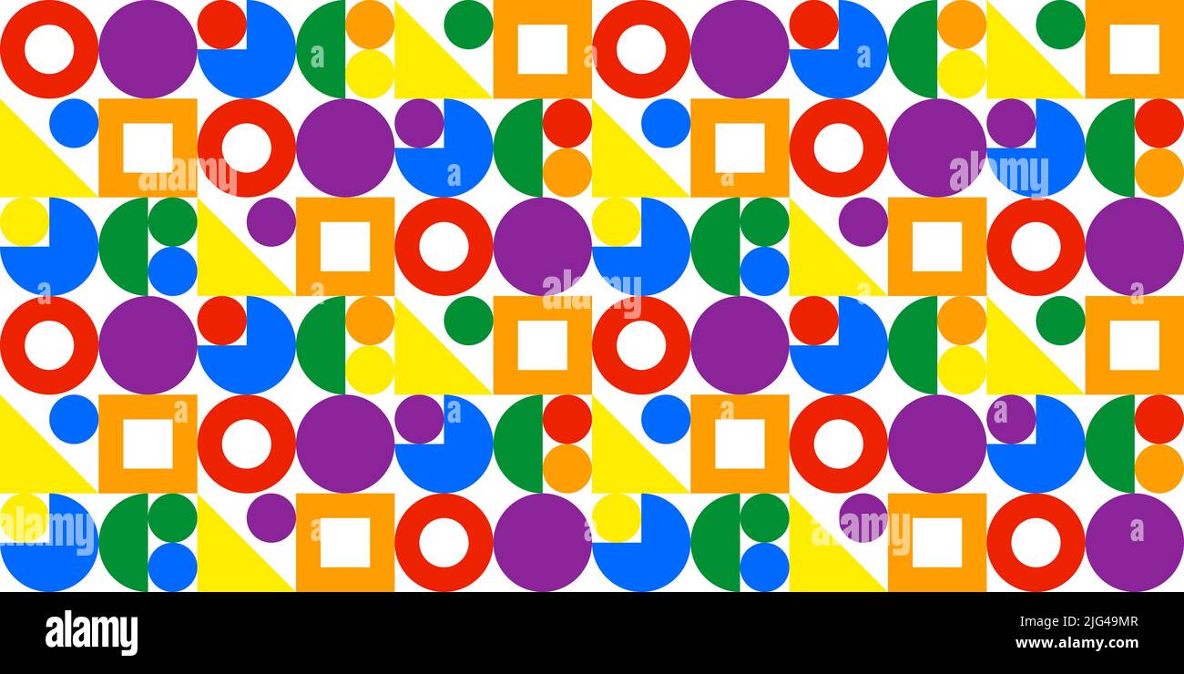 Disegno geometrico astratto senza giunture in colori lgbt su sfondo bianco, rosso, arancione, giallo, verde, blu, viola. Cerchi, quadrati, triangoli Illustrazione Vettoriale
