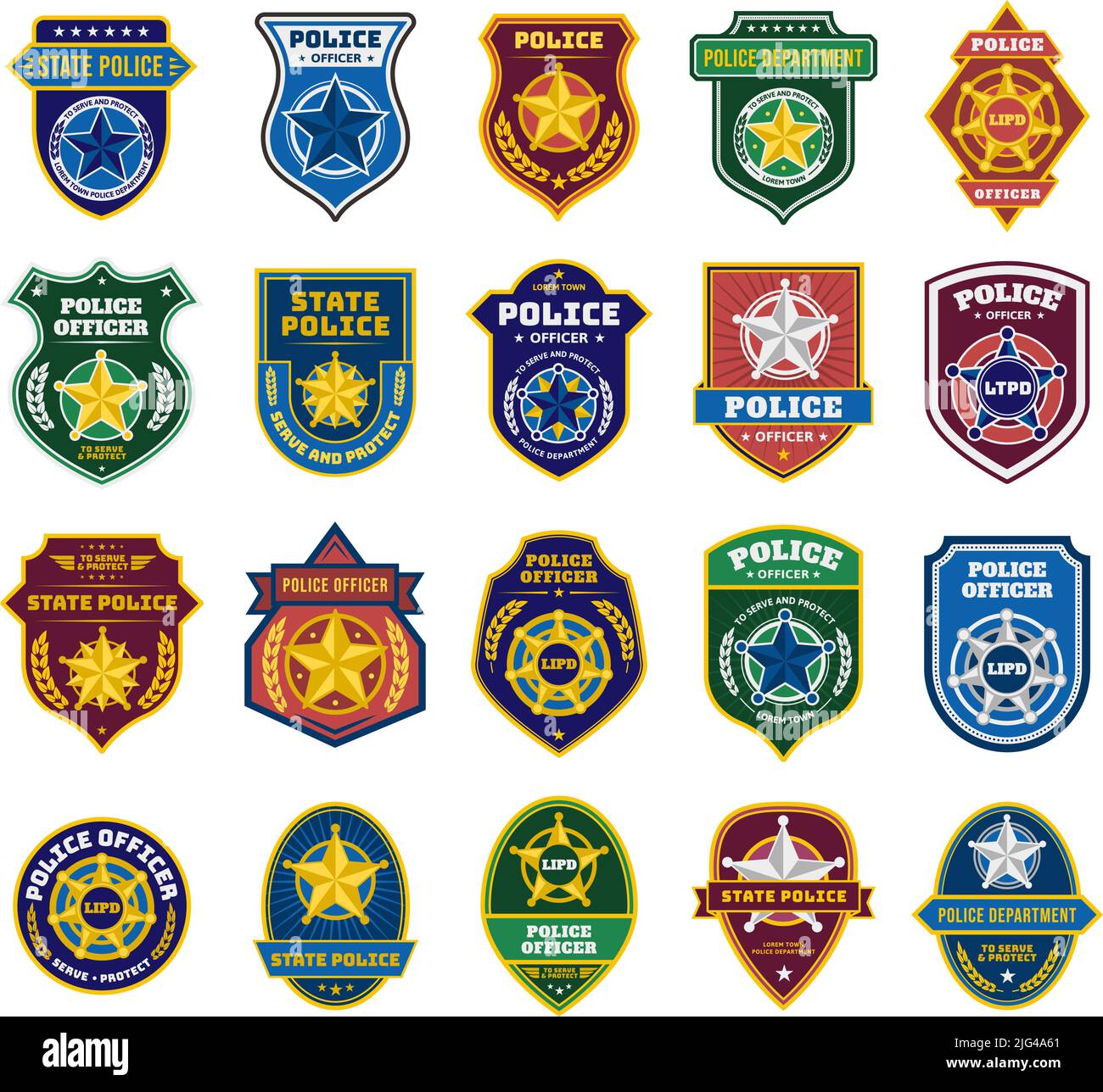 Badge della polizia. Firma ufficiale di sicurezza e reparto federale, badge del poliziotto di stato con set di vettori di simboli a stella Illustrazione Vettoriale