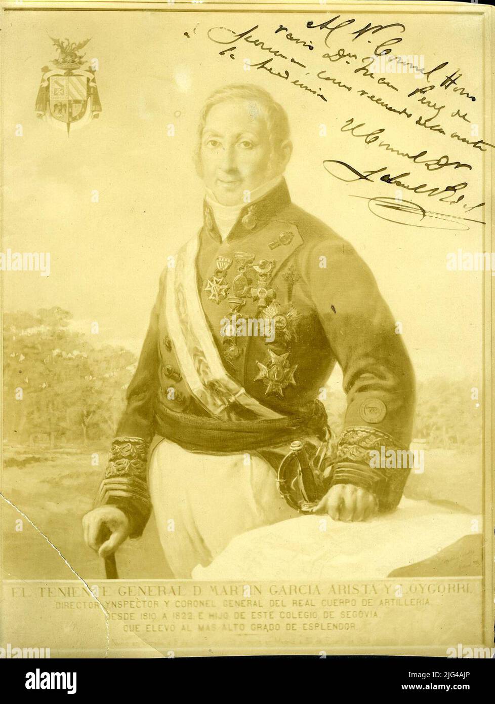 Fotografia di ritratti Gral. MARTIN GARCIA ARISTAY LOIGORRI CON DEDIZIONE AL COR. Juan Perez de Guzman, 1900. 3/4 ritratto del generale Martin Garcia Loigorri con uniforme, decorazioni e. Foto Stock